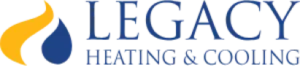 Logo with text "LEGACY HEATING & COOLING." Features a stylized blue flame with a yellow swoosh.