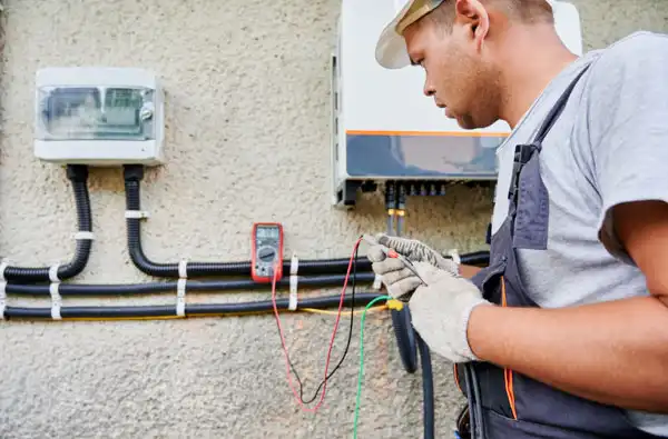 Technician in a cap and gloves uses a multimeter to test electrical wires outside a building.